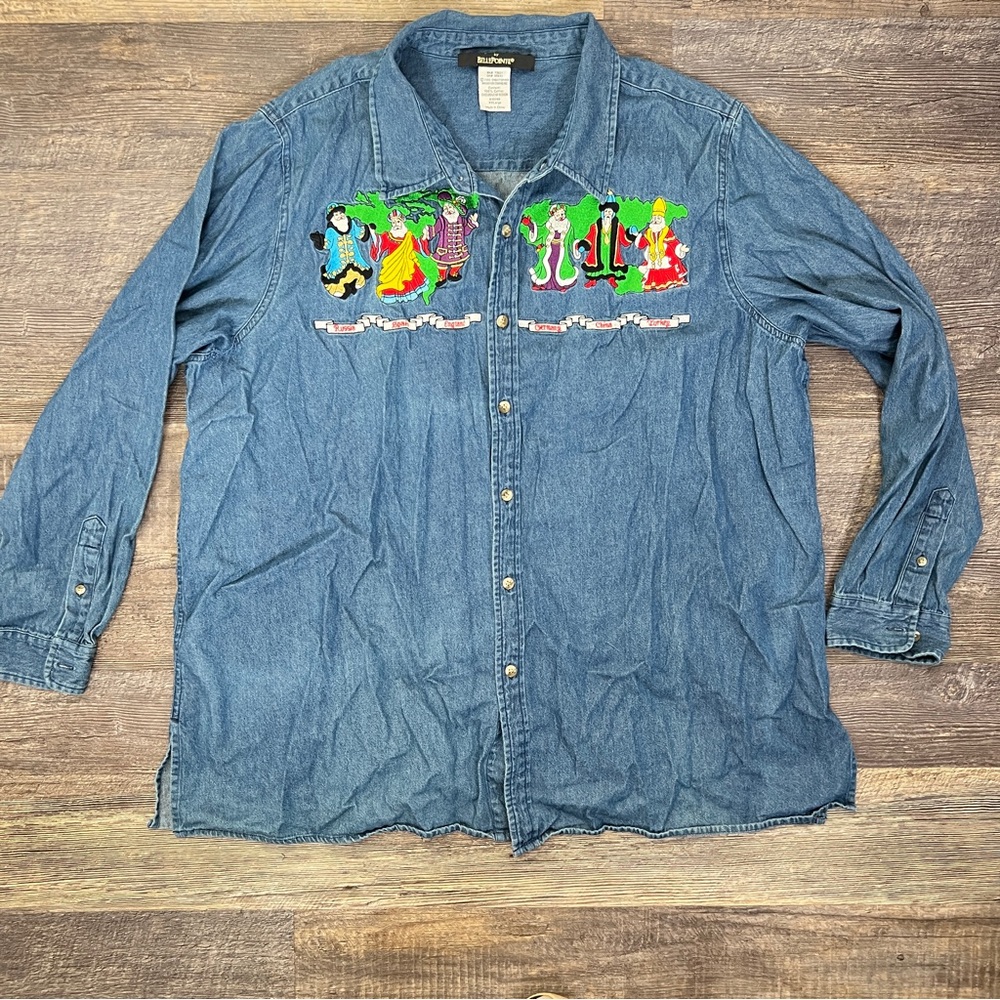 Denim Long Sleeve Shirt with  Embroidered Santa Clauses size XXL B135